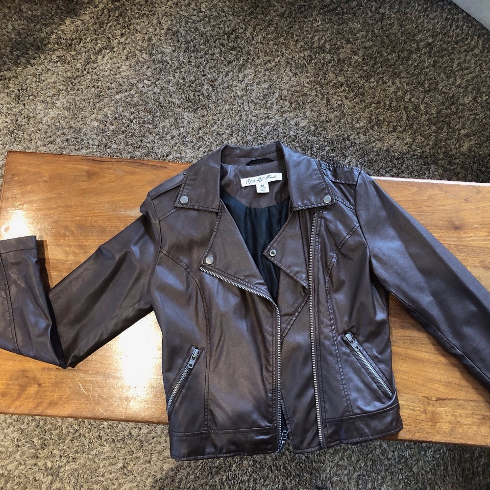 Celebrity Pink Brown Faux Leather Moto Jacket Size M